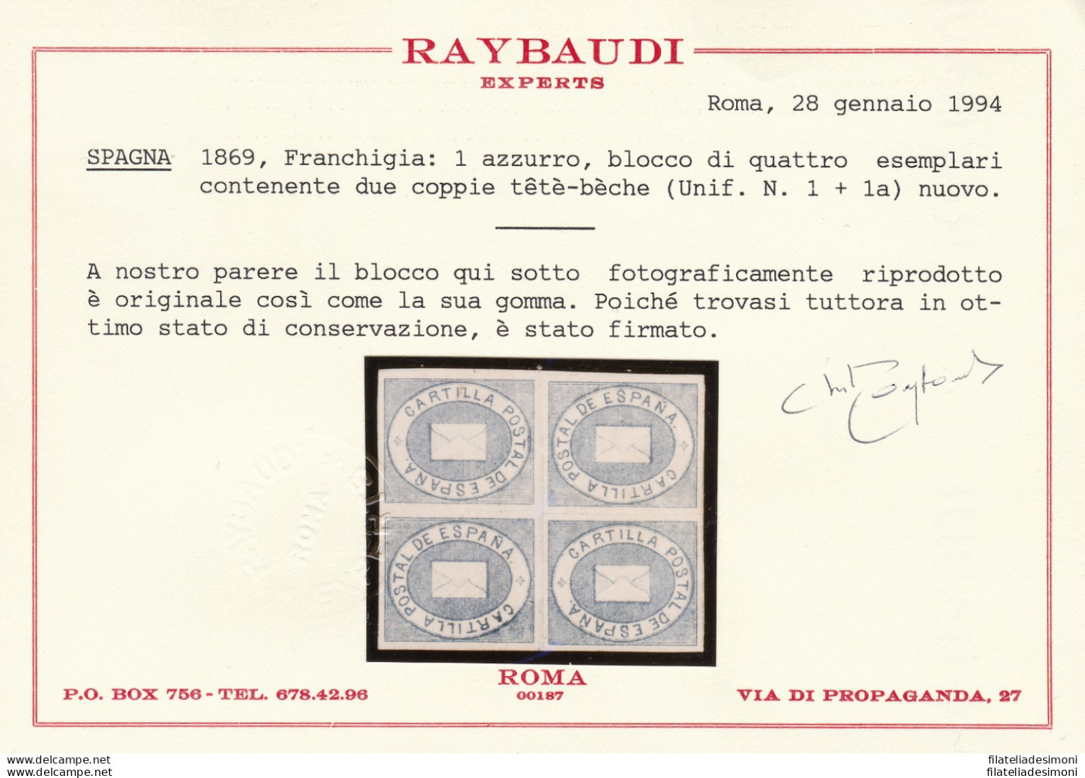 1869 SPAGNA ,ESPANA ,SPAIN,  Franchigia N° 1 Azzurro QUARTINA CON 2 Tete-beche  - Autres & Non Classés