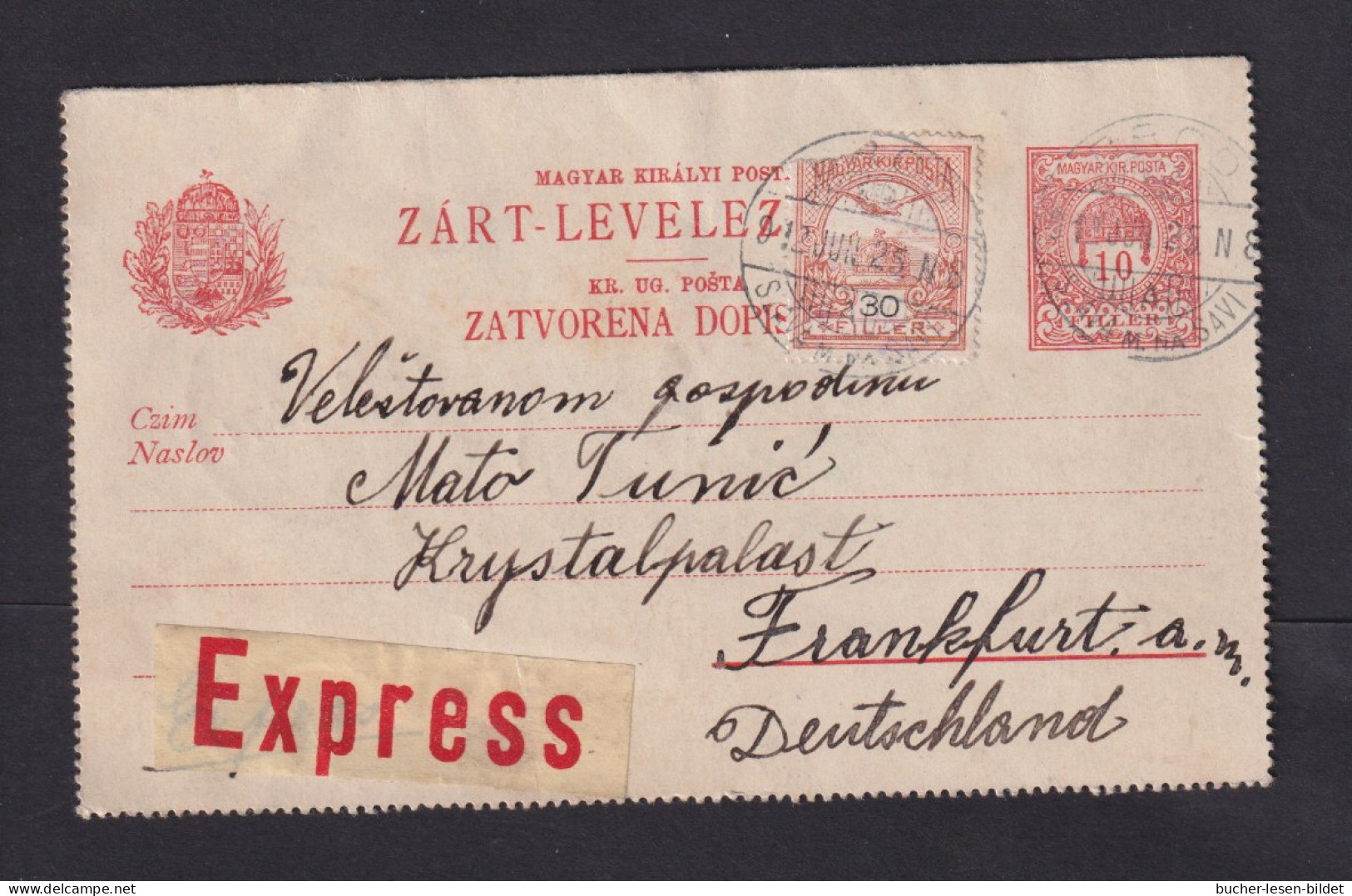 1912 - 10 F. Ganzsache Mit Zufrankatur Per Eilboten Ab Brod Nach Frankfurt - Lettres & Documents