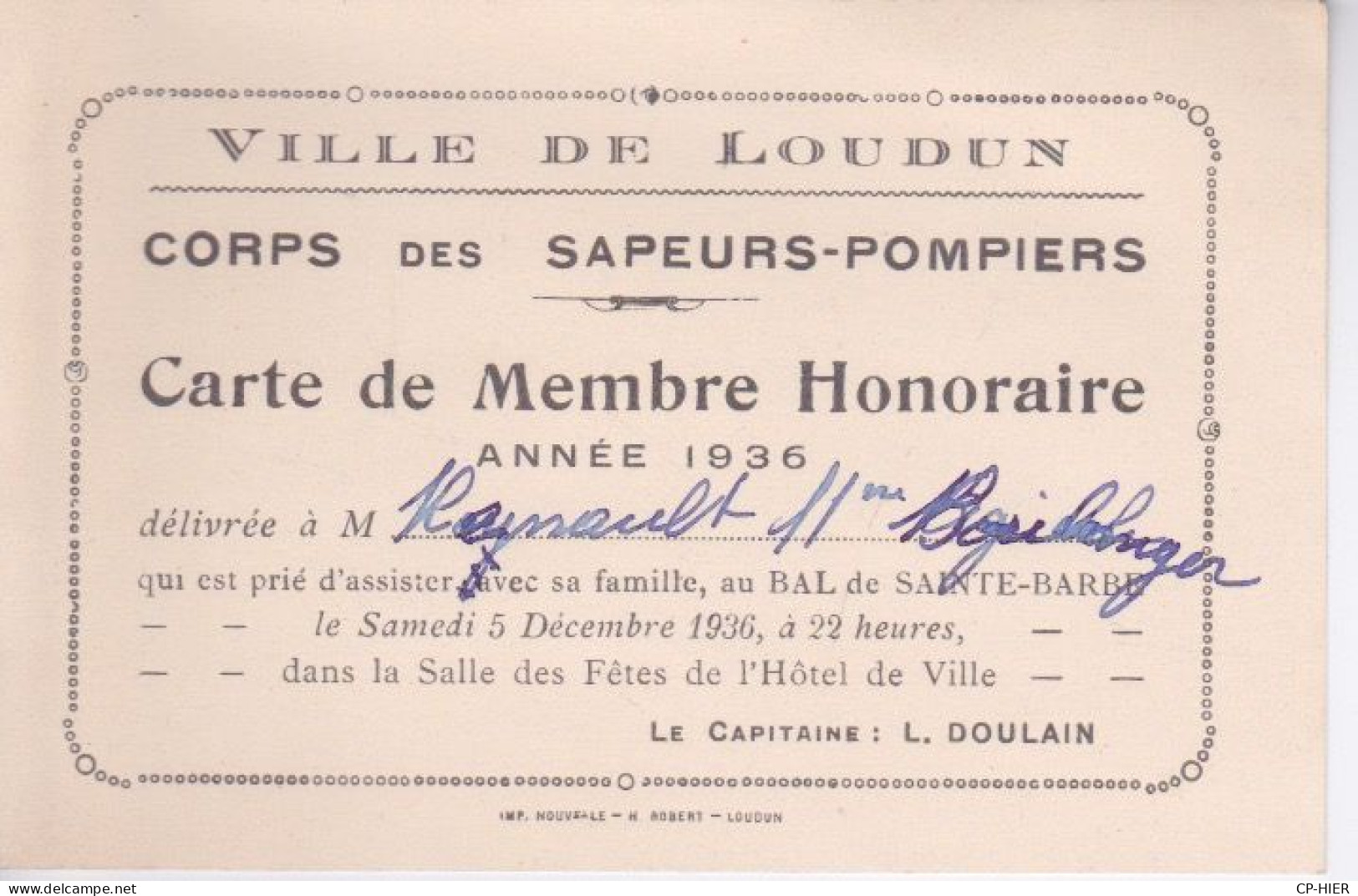 86 - VIENNE - CARTE DE MEMBRE HONORAIRE 1936 -  VILLE DE LOUDUN - CORPS SAPEURS- POMPIERS - Loudun