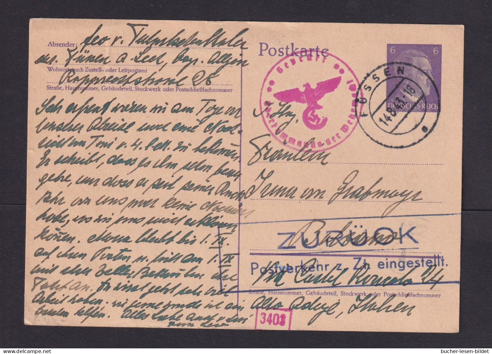 1943 - 6 Pf. Ganzsache Ab Füssen Nach Italien - Zensur Und "Zurück Postverkehr Z. Zt. Eingestellt" - WW2 (II Guerra Mundial)