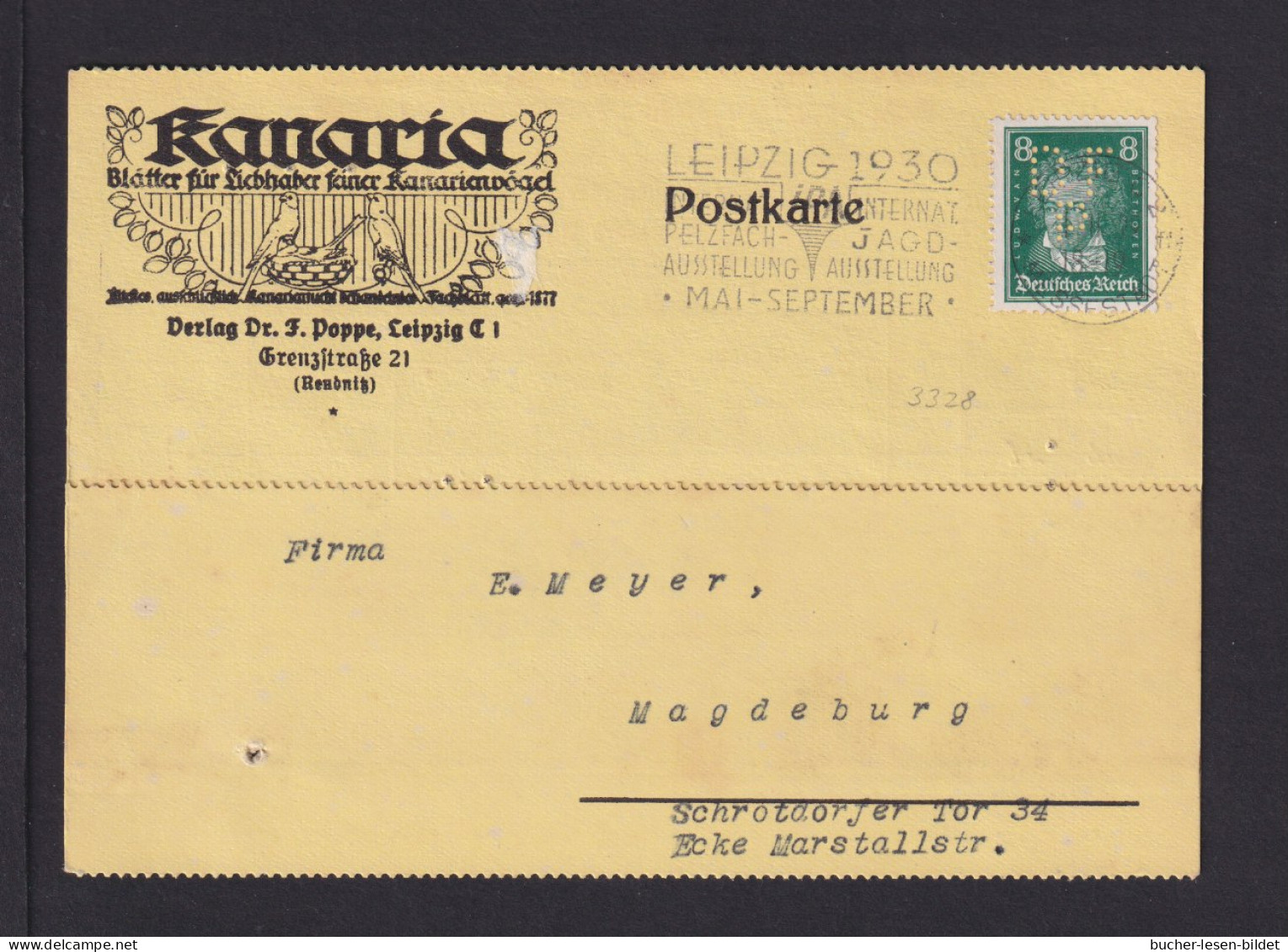 1929 - 8 Pf. Mit PERFIN Auf Werbekarte "Kanaria" Mit Abbildung - Ab Leipzig - Uccelli Canterini Ed Arboricoli
