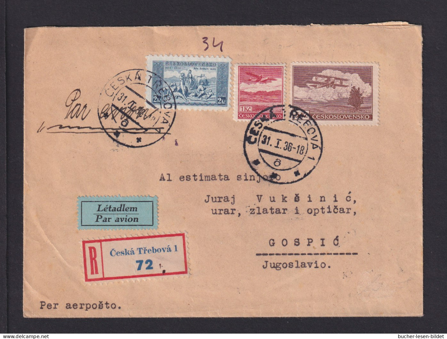 1936 - Einschreib-Flugpostbrief Ab Ceska Trebova Nach Jugoslawien  - Lettres & Documents