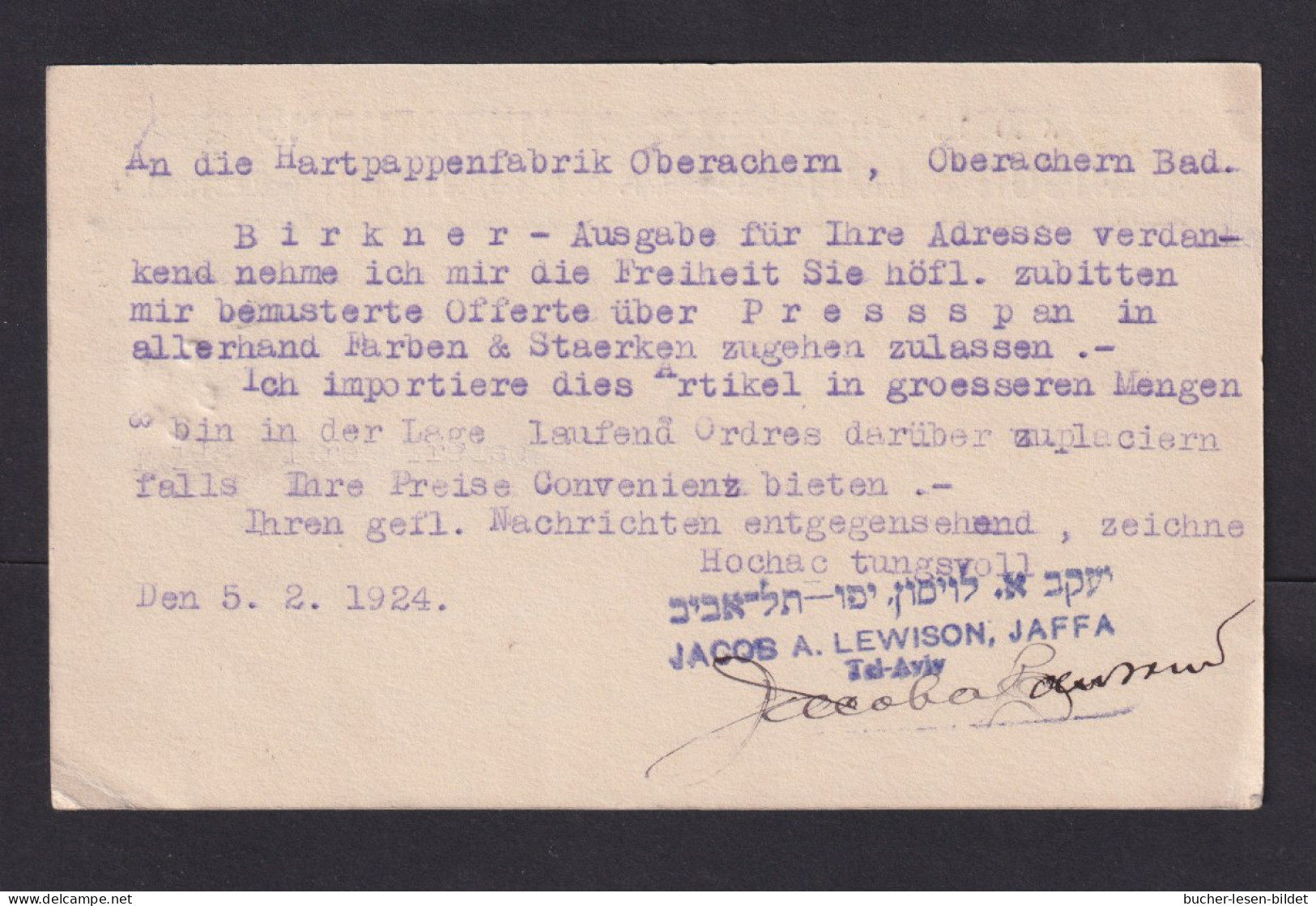 1924 - Überdruckmarke Auf Karte Ab Tel-Aviv-Jaffa Nach Oberachern - Palestine