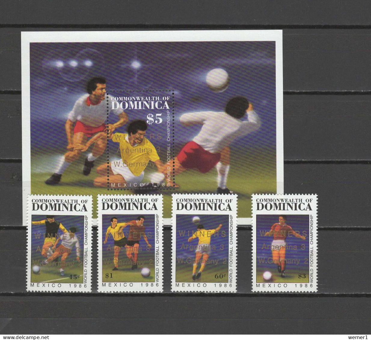 Dominica 1986 Football Soccer World Cup Set Of 4 + S/s With Winners Overprint MNH - 1986 – Mexiko