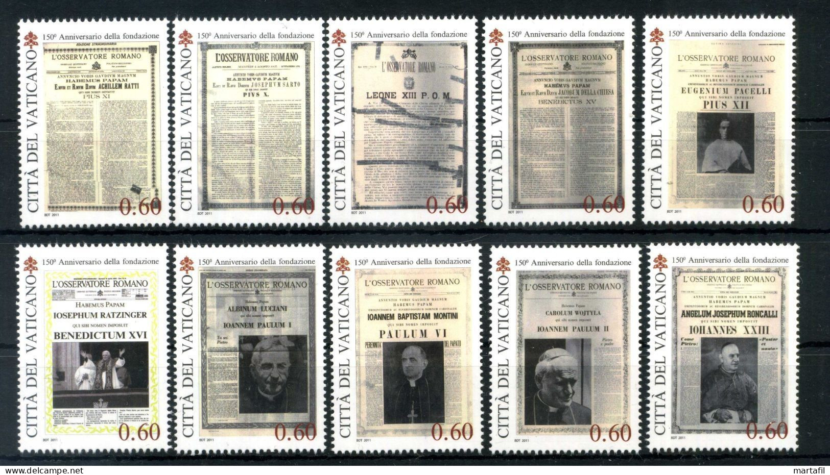 2011 VATICANO SET MNH ** Da BF 150° Ann. Fondazione Osservatore Romano - Ungebraucht