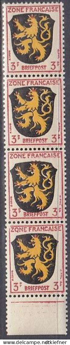 AllBes. Franz.Zone AllgemAusg. 2 I: Ecke Links Oben Offen, 4erStreifen, Postfrisch **, Wappen, 1945 - Algemene Uitgaven