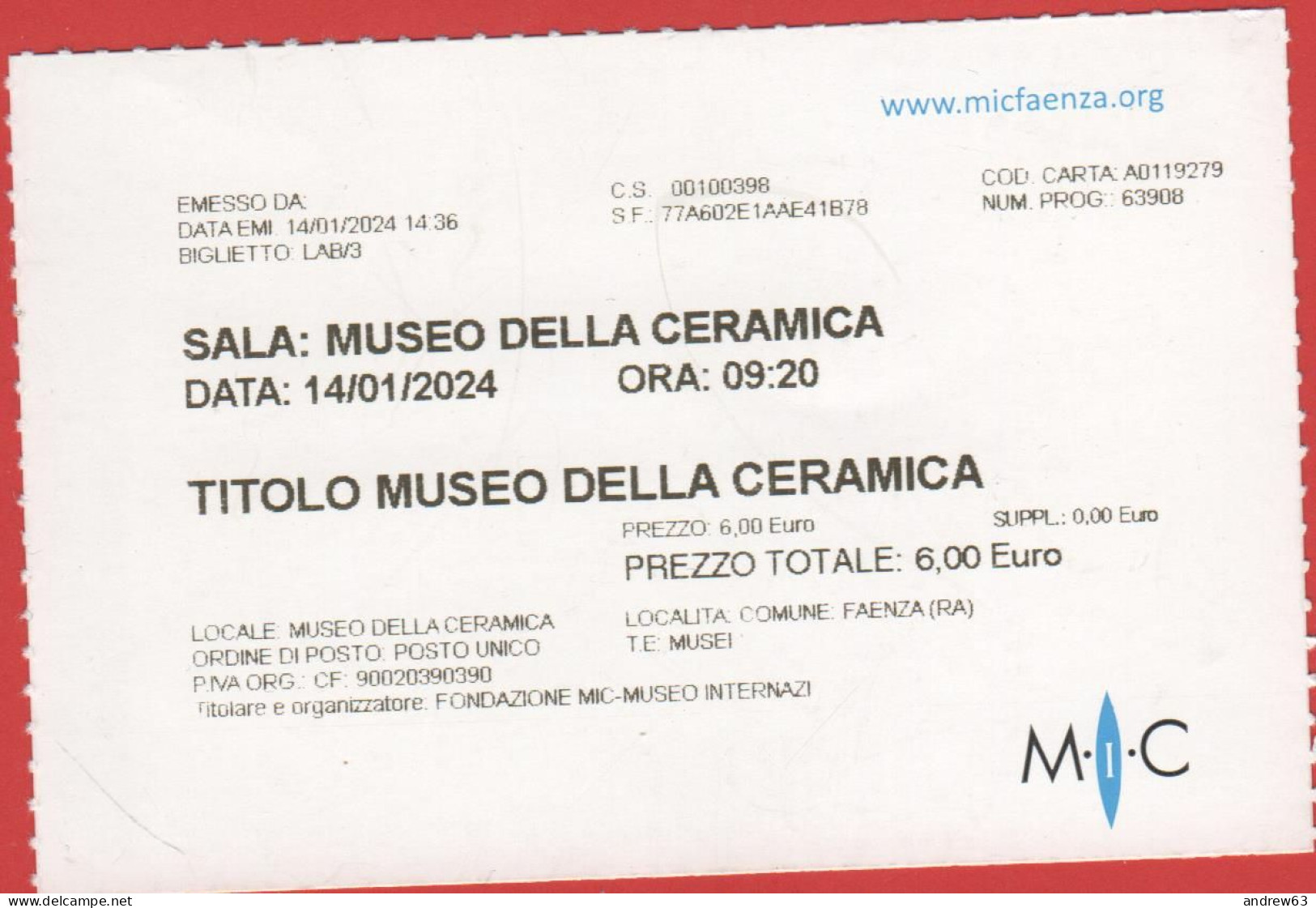 ITALIA - FAENZA - Museo Internazionale Delle Ceramiche (MIC) - Museo Della Ceramica - Biglietto D'Ingresso - Usato - Eintrittskarten