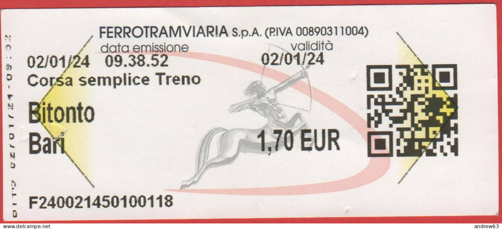 ITALIA - FERROTRAMVIARIA SPA - Bitonto-Bari - Biglietto Di Corsa Semplice Treno - Usato - Europa