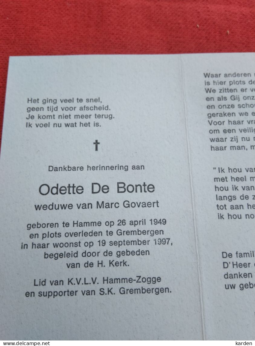 Doodsprentje Odette De Bonte / Hamme 26/4/1949 Grembergen 19/9/1997 ( Marc Govaert ) - Religión & Esoterismo