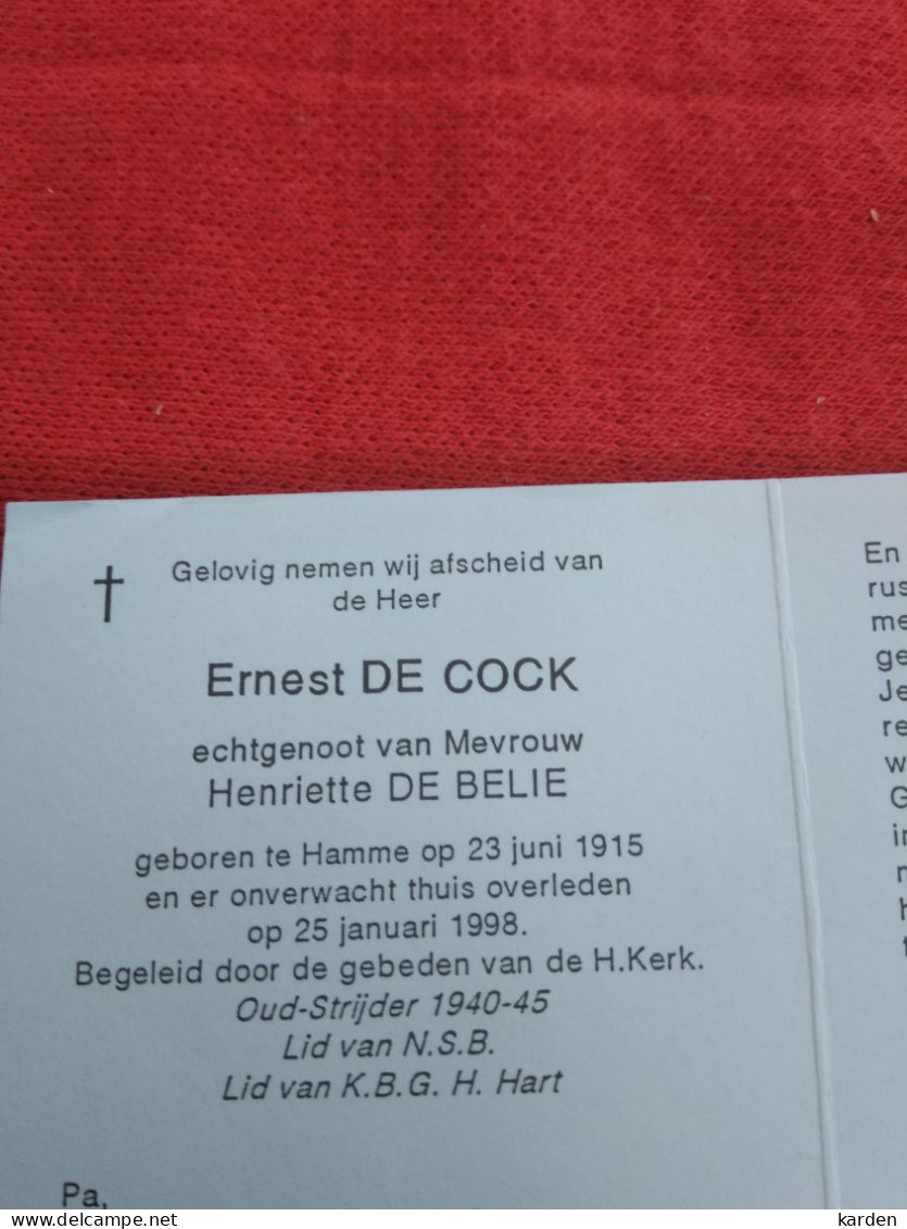 Doodsprentje Ernest De Cock / Hamme 23/6/1915 -  25/1/1998 ( Henriette De Belie ) - Religión & Esoterismo