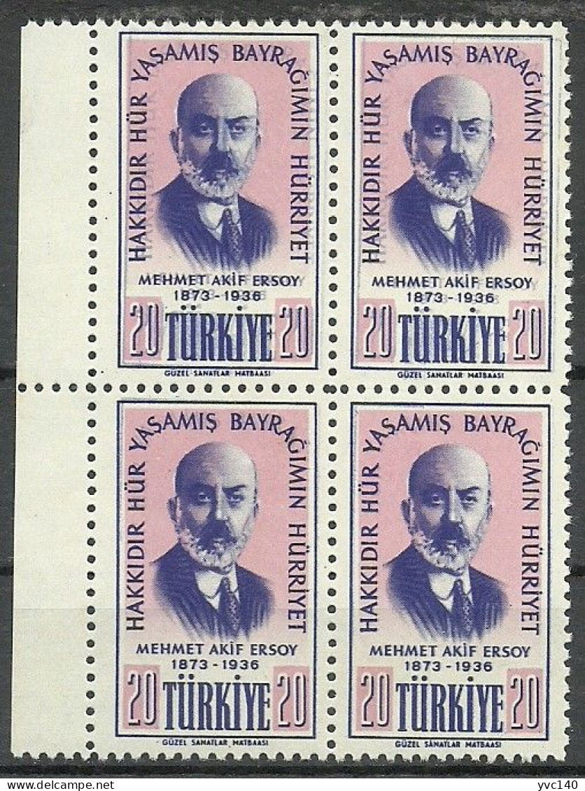 Turkey; 1956 20th Anniv. Of The Death Of Poet Mehmet Akif Ersoy ERROR "Shifted Blue Color" - Ungebraucht