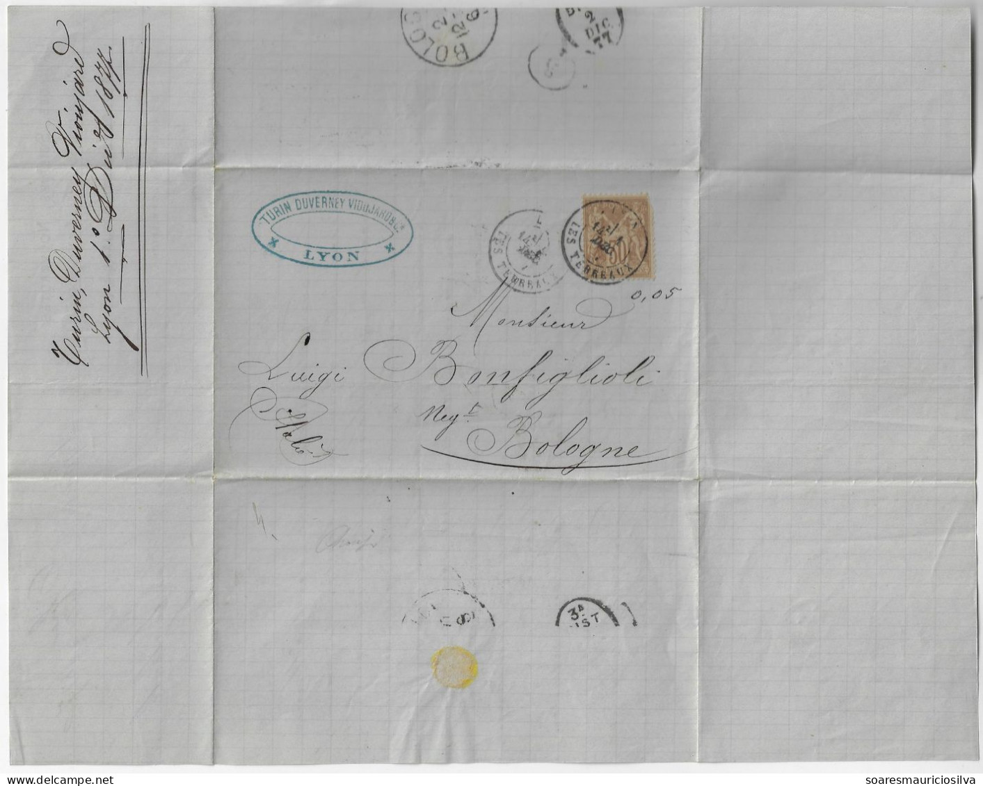 France 1877 Complete Fold Cover Turin Duverney Vioujard & Co From Lyon Agency Les Terreaux To Bologna Italy Stamp Sage - 1876-1878 Sage (Type I)