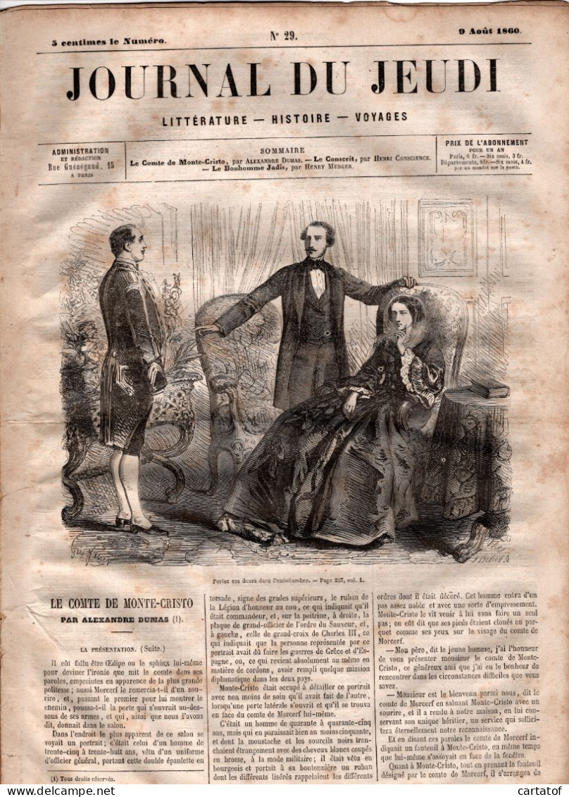 JOURNAL DU JEUDI . N° 29 .  1860 . Littérature . Histoire . Voyages . DUMAS . CONSCIENCE . MURGER - 1800 - 1849