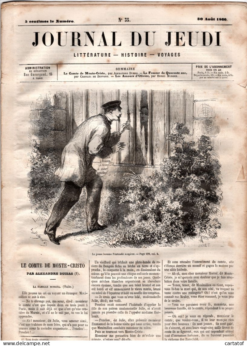 JOURNAL DU JEUDI . N° 35 .  1860 . Littérature . Histoire . Voyages . DUMAS . DE BERNARD . MURGER - 1800 - 1849