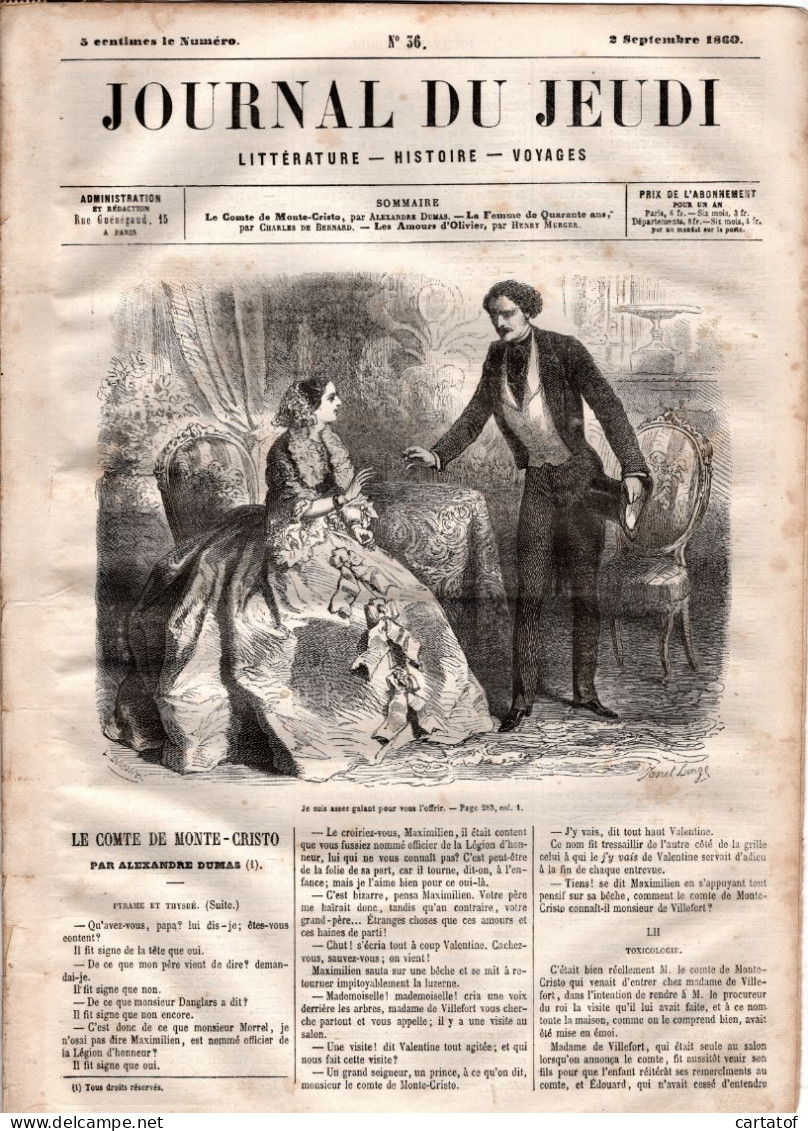 JOURNAL DU JEUDI . N° 36 .  1860 . Littérature . Histoire . Voyages . DUMAS . DE BERNARD . MURGER - 1800 - 1849