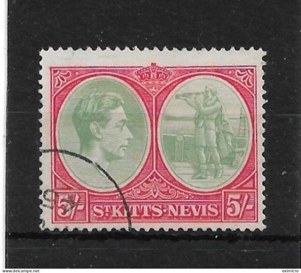 ST. KITTS-NEVIS 1938 5s  SG 77ac BREAK IN FRAME ABOVE ORNAMENT VARIETY CHALK-SURFACED PAPER FINE USED Cat £500 - St.Christopher-Nevis-Anguilla (...-1980)