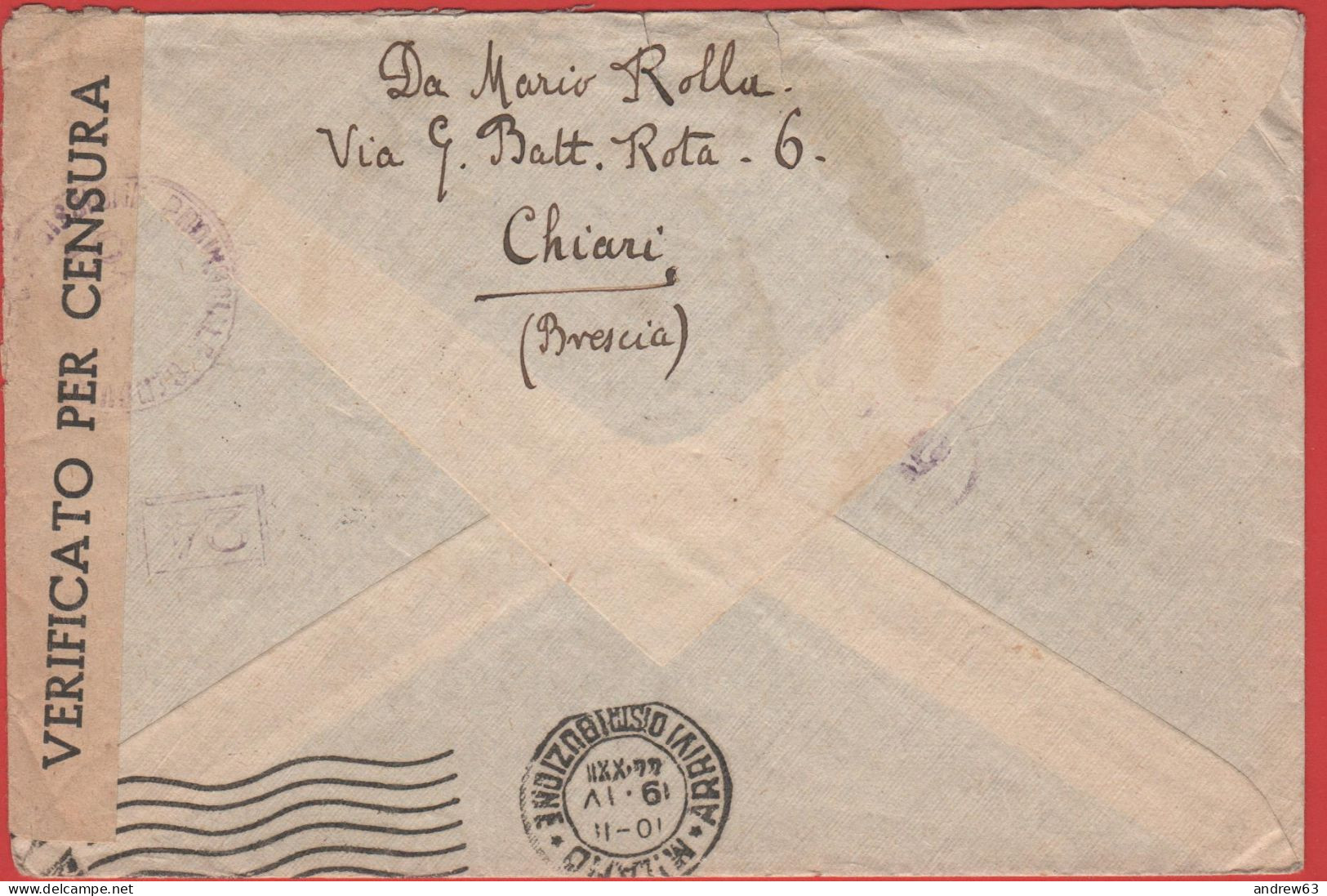 ITALIA - Storia Postale Regno - 1944 - 50c Imperiale Posta Aerea - Verificato Per Censura - Viaggiata Da Chiari Per Mila - Marcophilie