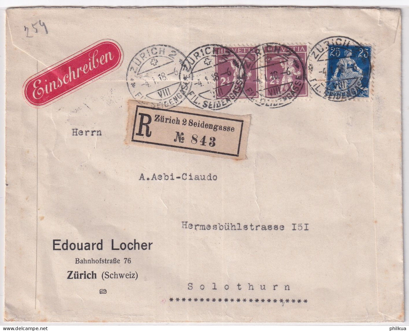 Zum. 109, 136 / MiNr. 103x, 136x Auf R-Brief Von ZÜRICH SEIDENGASSE Nach SOLOTHURN - Briefe U. Dokumente