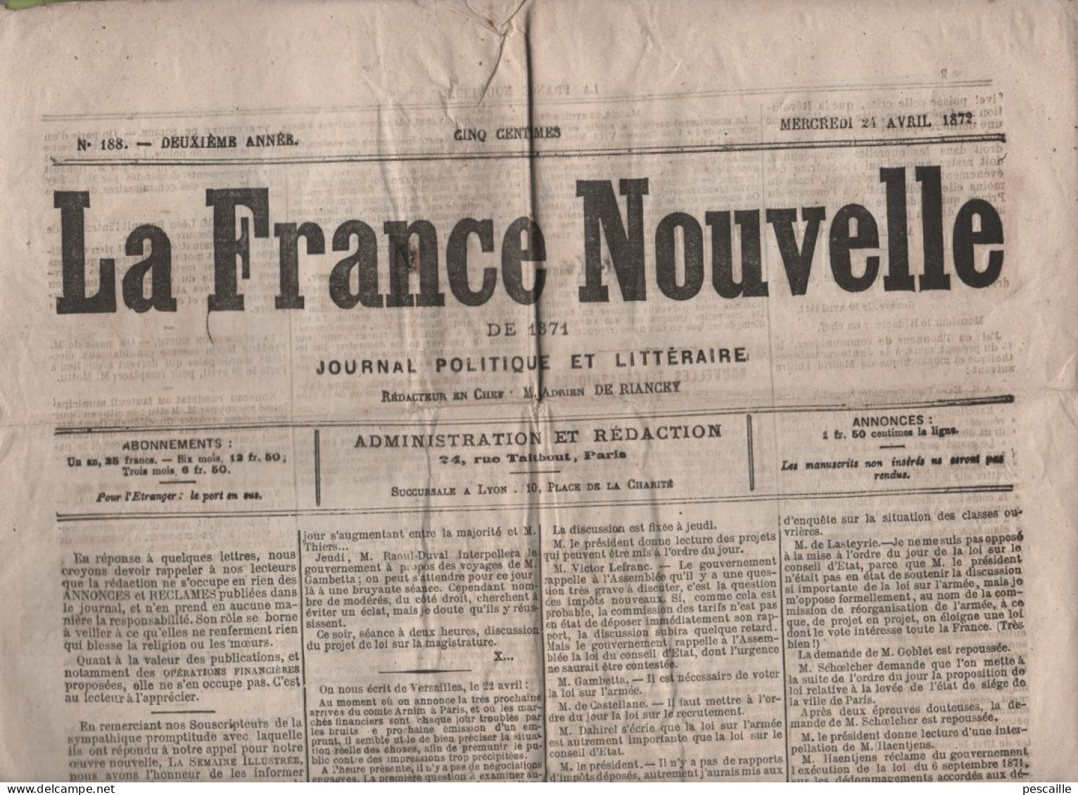 LA FRANCE NOUVELLE 24 04 1872 - VERSAILLES - AMBASSADEUR ALLEMAND - ASSEMBLEE NATIONALE - ESPAGNE DON CARLOS 7 - TURQUIE - 1850 - 1899
