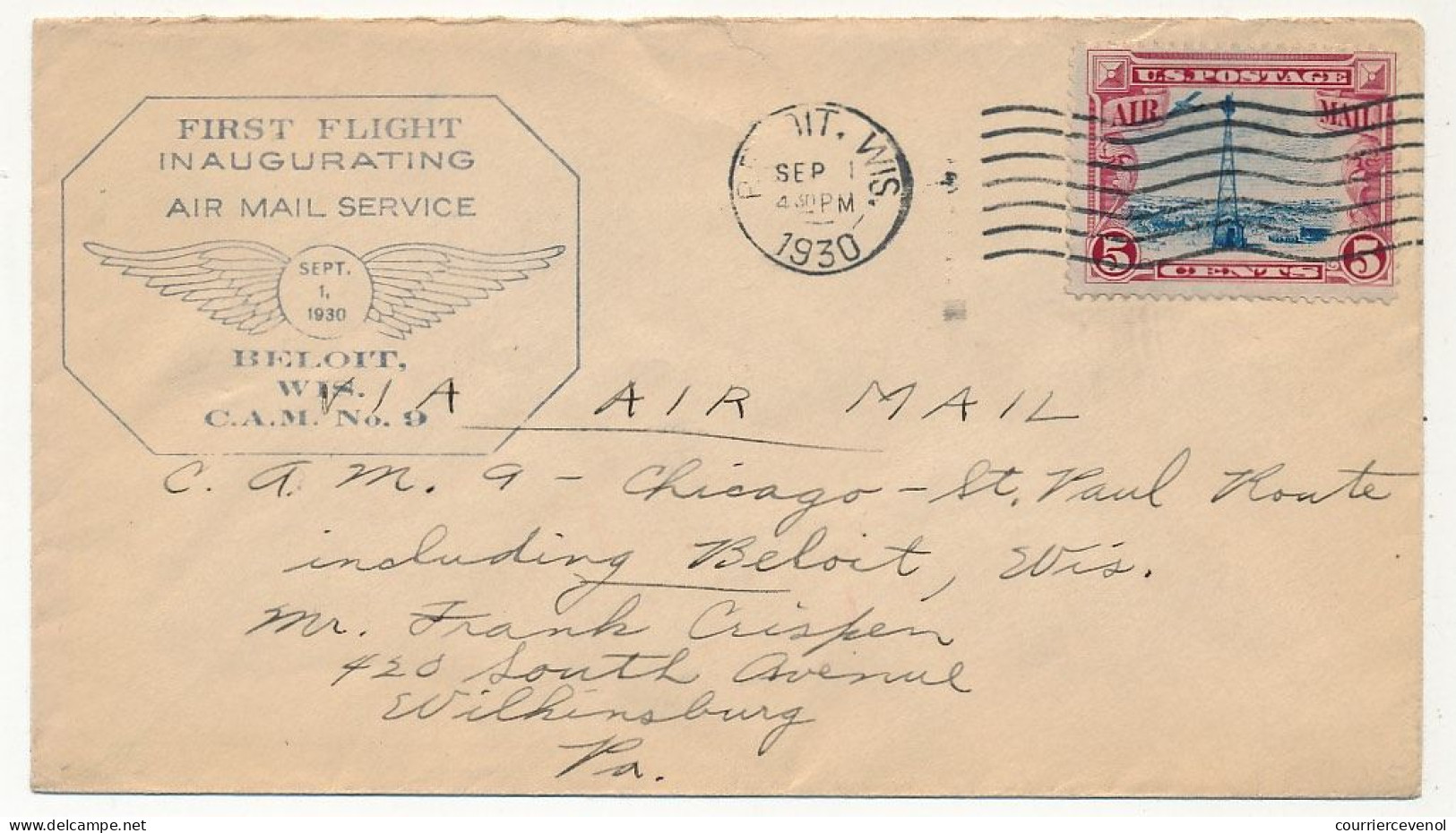 Etats Unis => Env Depuis Beloit Wisc 1 Sept 1930 - First Flight Inaugurating Beloit Wis C.A.M N°9 - 1c. 1918-1940 Lettres