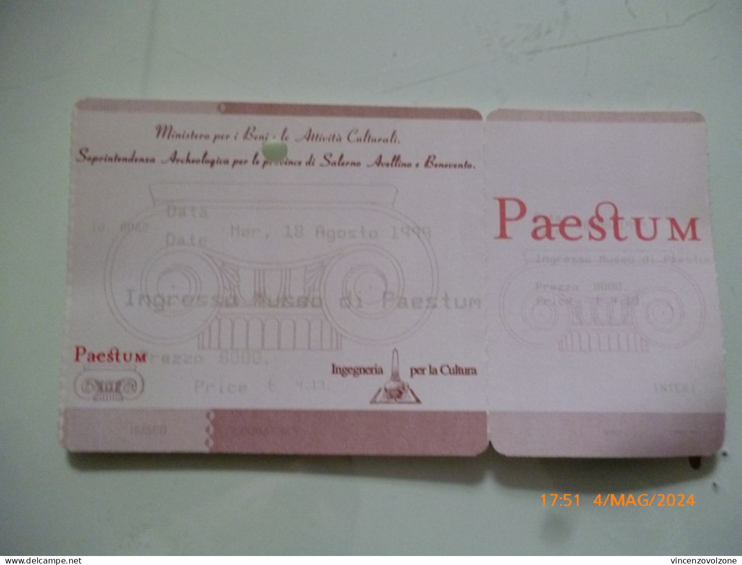 Biglietto Ingresso "Soprintendenza Archeologica Di Salerno, Avellino E Benevento PAESTUM MUSEO" 1999 - Tickets - Vouchers