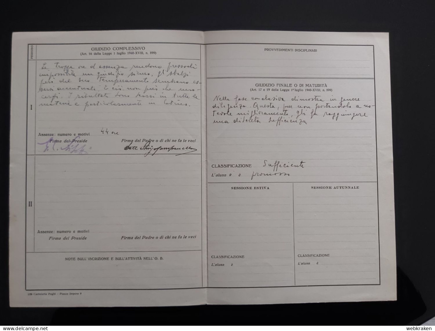 PAGELLA SCOLASTICA REPUBBLICA SOCIALE ITALIANA TRIESTE R.S.I. RSI 1945 - Diploma & School Reports