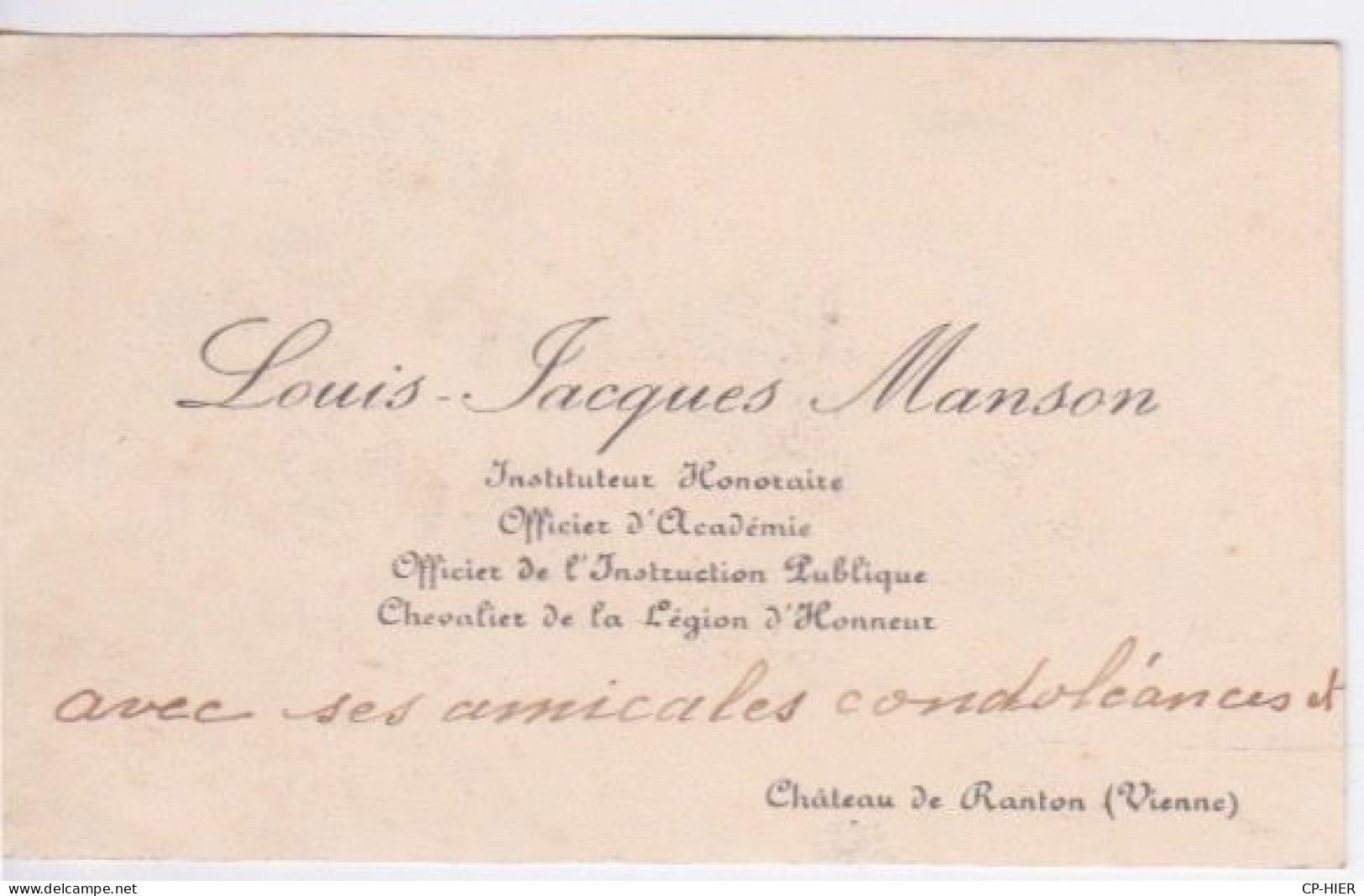 86 - VIENNE - CARTE DE VISITE  PRES DE LOUDUN - M. MANSON AU CHATEAU DE RANTON INSTITUTEUR OFFICIER D'ACADEMIE - Loudun