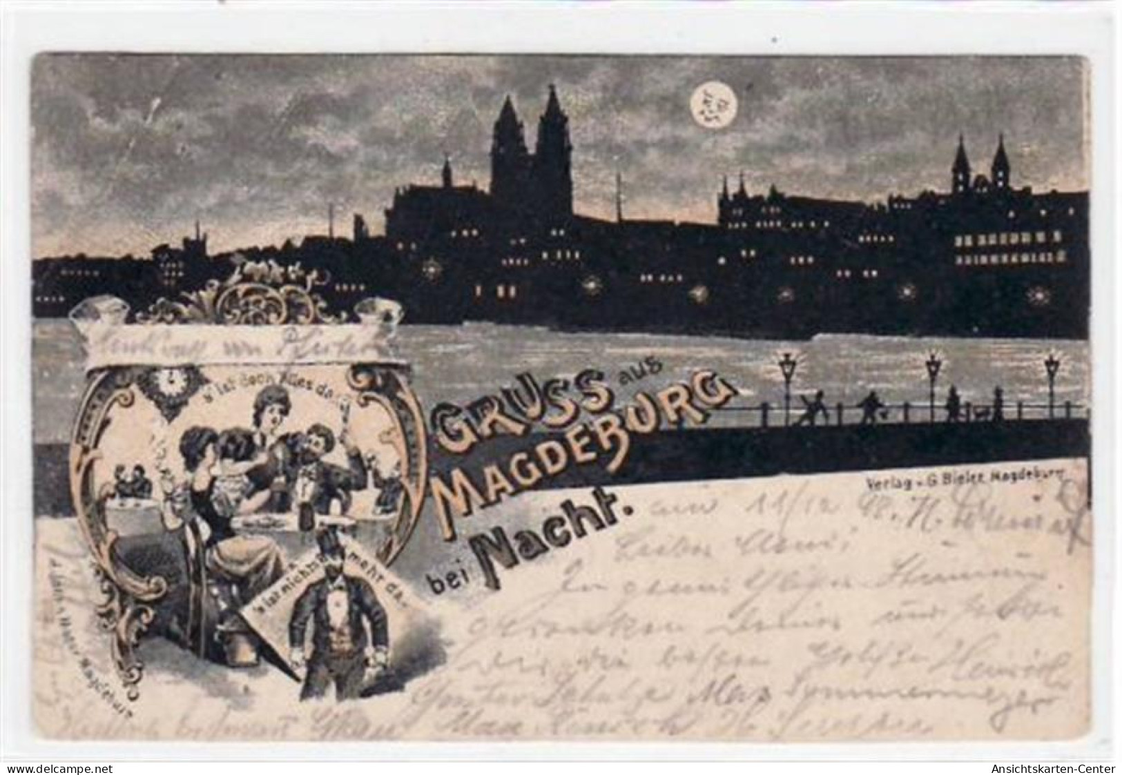 39009307 - Lithographie  Von Magdeburg Bei Nacht. Gesamtansicht Gesellschaft Am Abend Gelaufen Von 1898 Kleiner Knick O - Magdeburg