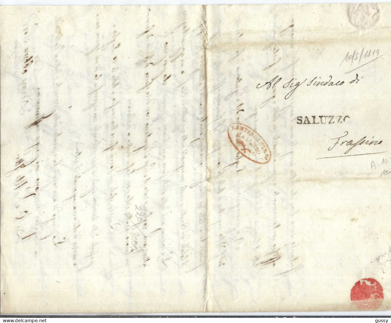 ITALIE Préphilatélie 1819: LAC Officielle De Saluzzo Pour Frassino En Franchise - 1. ...-1850 Prephilately