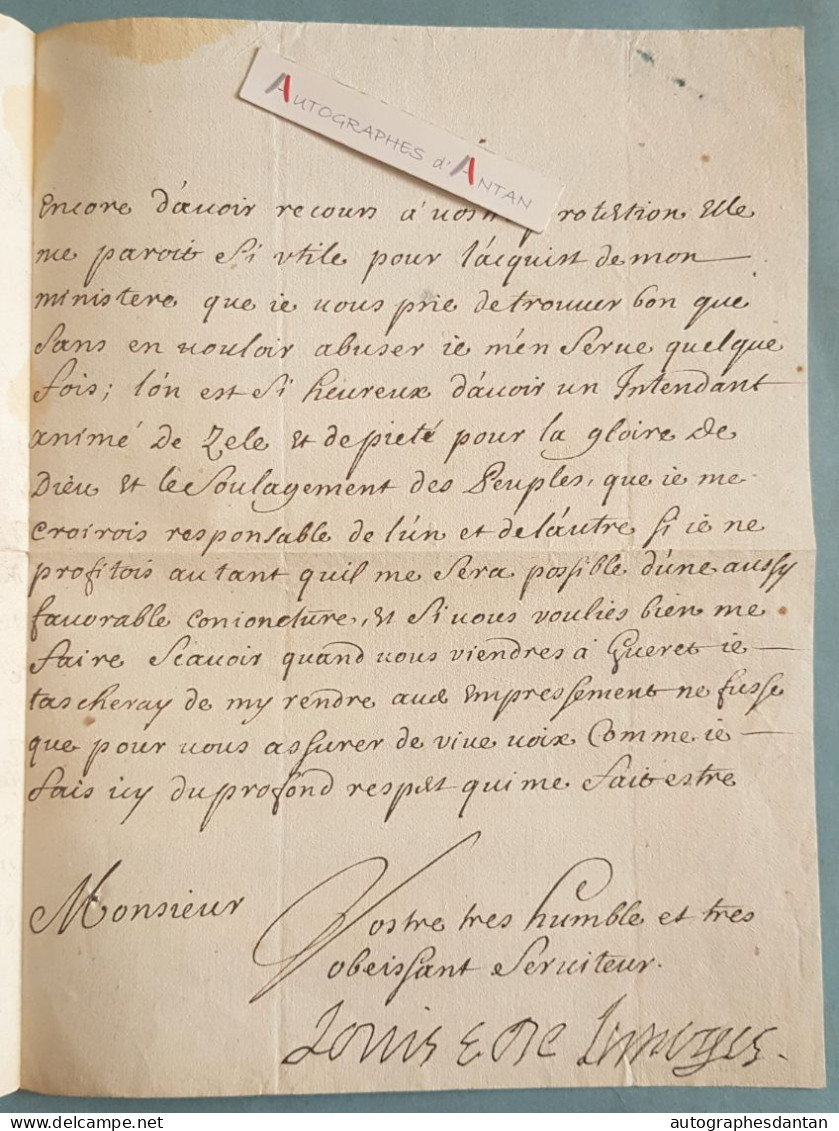 ● L.A.S 1694 Louis De LASCARIS D'URFE évêque De LIMOGES - Felletin Lettre Autographe XVIIè Haute Vienne Allègre Bishop - Personnages Historiques