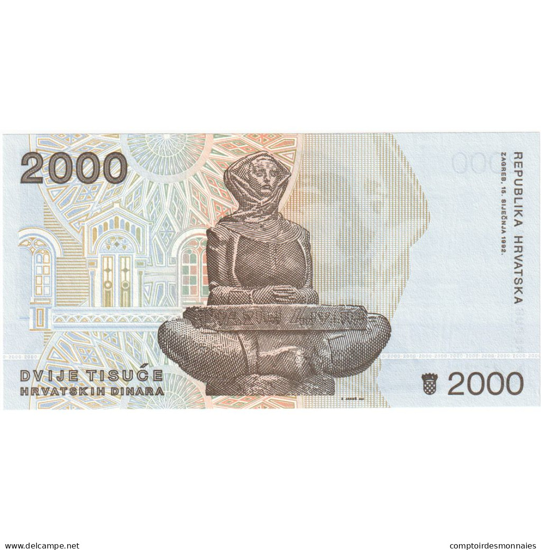 Croatie, 2000 Dinara, 1992, 1992-01-15, KM:23a, NEUF - Kroatien