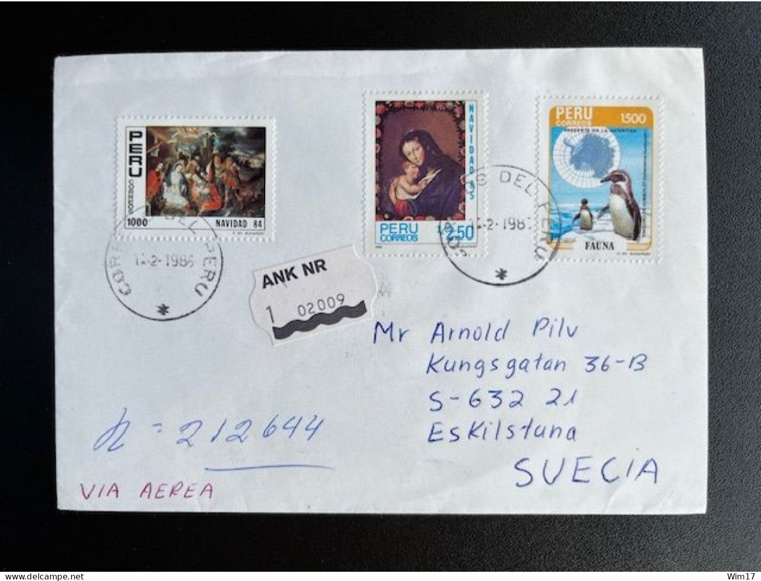 PERU 1986 REGISTERED AIR MAIL LETTER LIMA TO ESKILSTUNA 16-02-1985 CERTIFICADO - Pérou