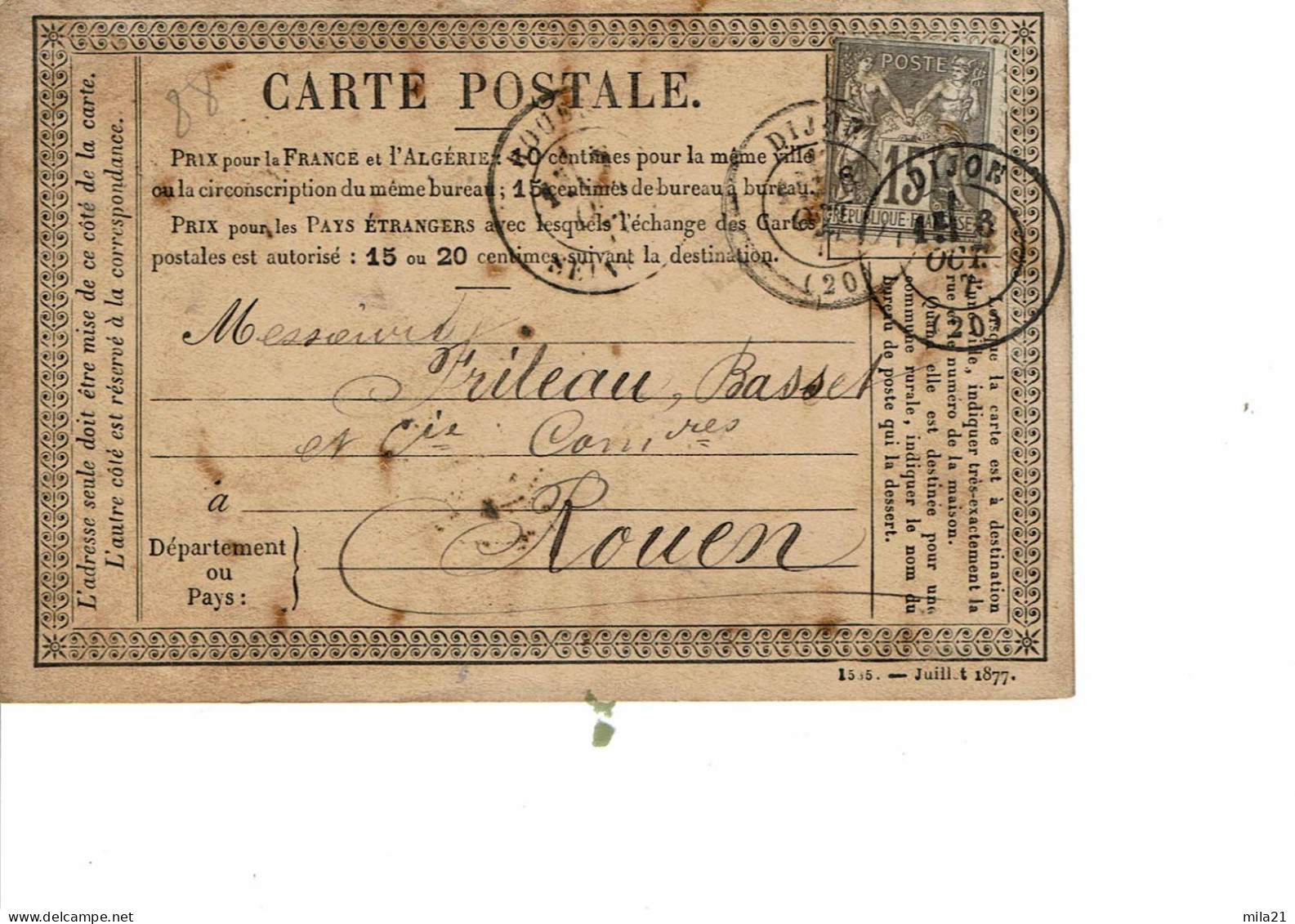 FRANCE Les Premier Entier Postal  Tarif En 4 Lignes - 1876-1878 Sage (Tipo I)