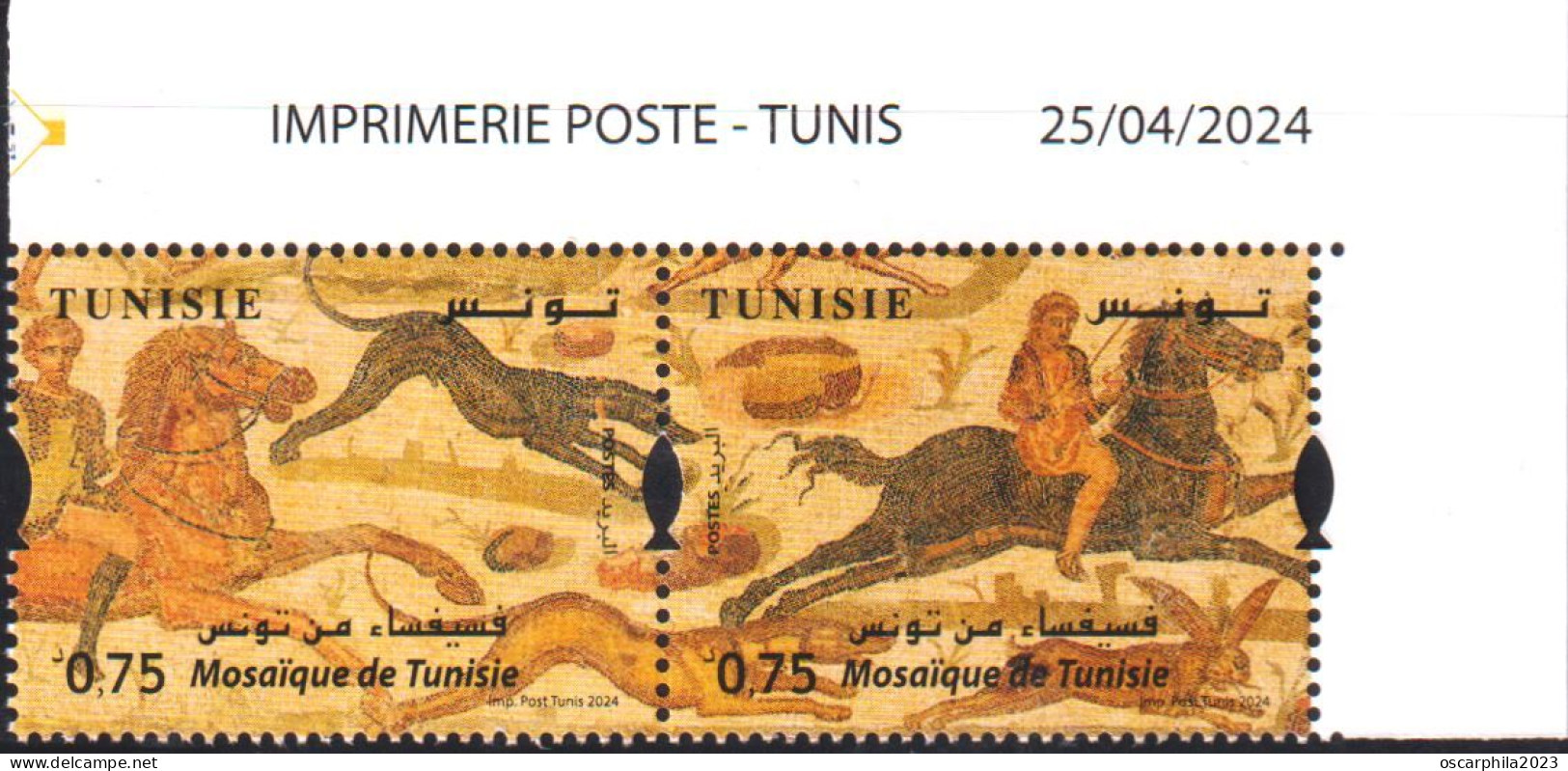 2024-Tunisie- Mosaïque -Scène De Chasse -Cavaliers -Chien -Lapin- Paire Coin Daté + FDC  /MNH***** - Chevaux