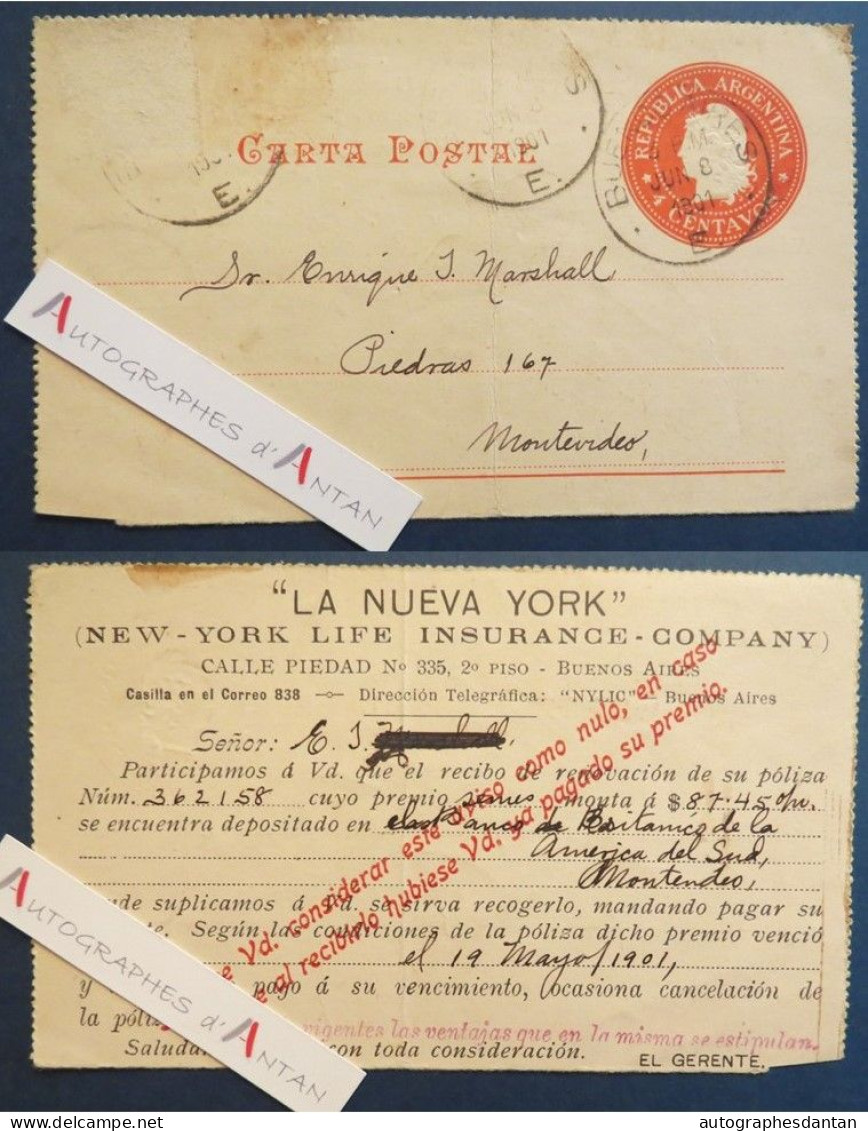 ● Argentine 1904 Entier Postal Buenos Aires > Montevideo Uruguay M. Marshall - New York Life Insurance Company - Briefe U. Dokumente