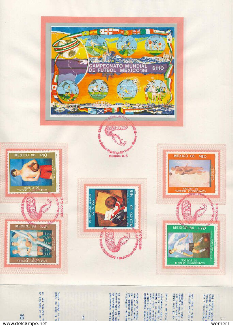 Mexico 1986 Football Soccer World Cup Set Of 6 + S/s On Commemorative Print With First Day Cancellation - 1986 – Mexico