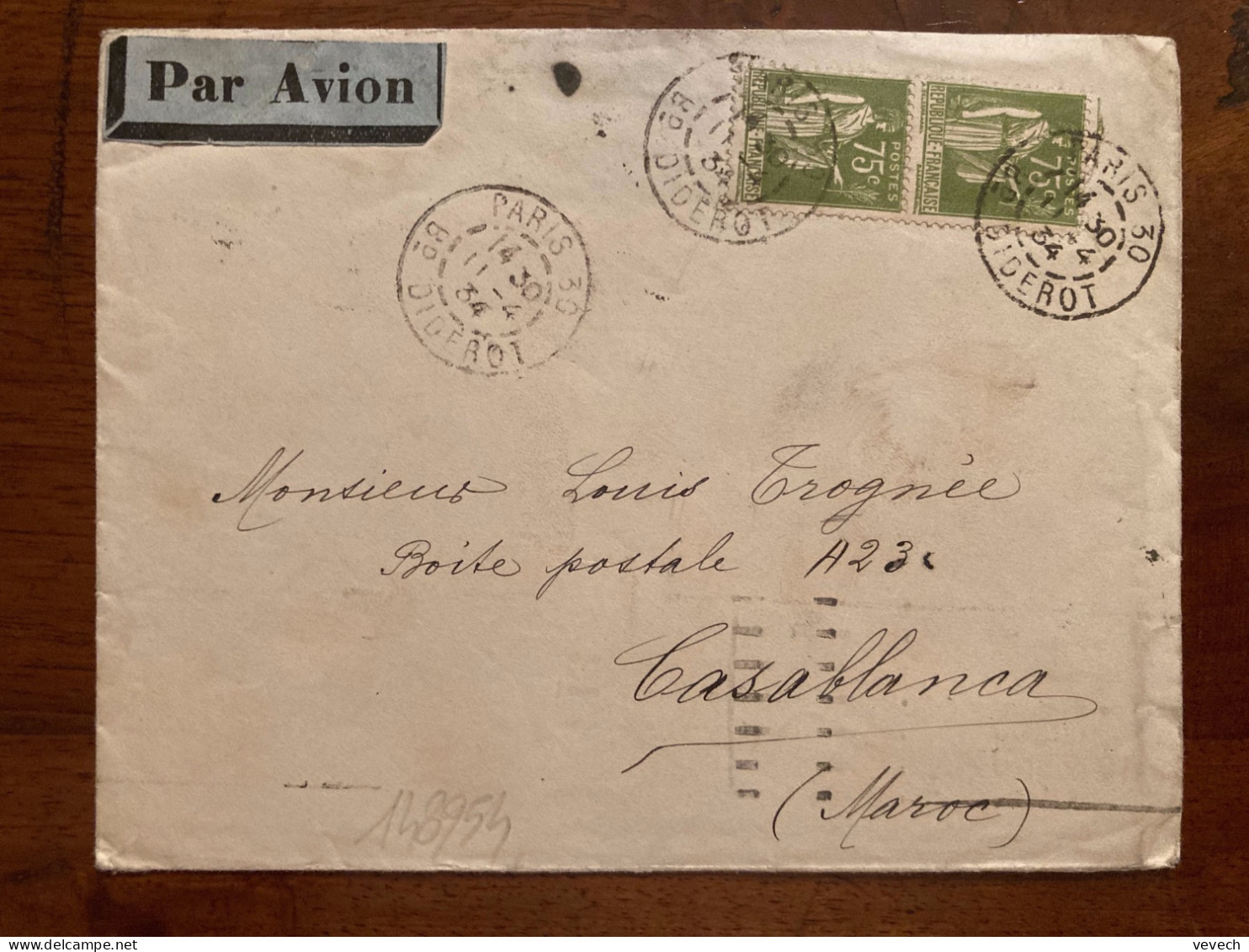 LETTRE Par Avion Pour Le MAROC TP PAIX 75c Paire OBL.11-4 34 PARIS 30 - 1932-39 Paz