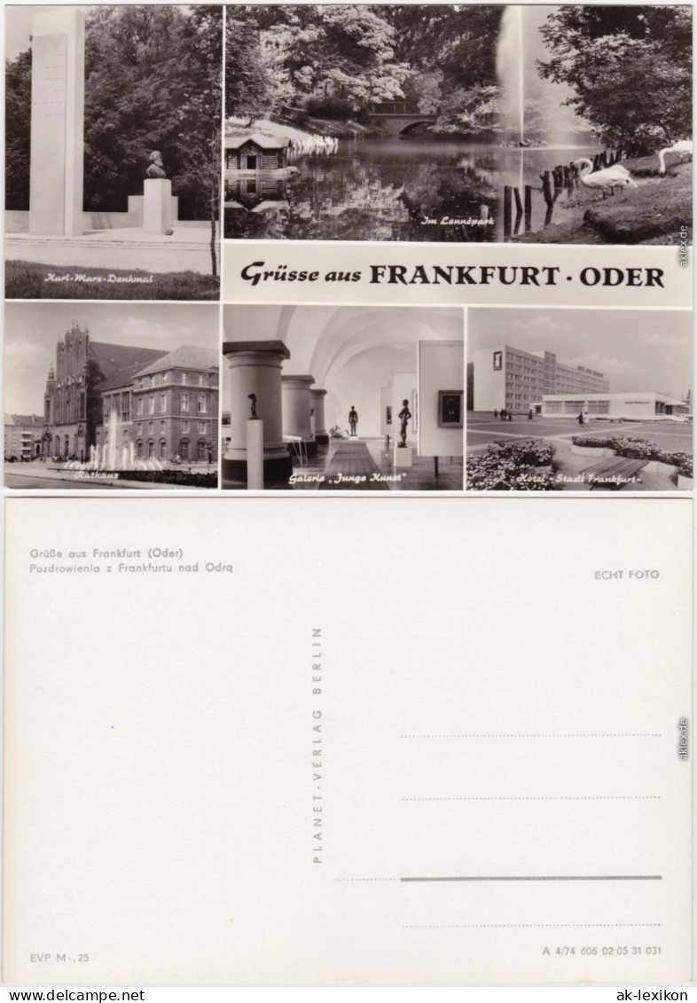 Fotokarte 
Frankfurt (Oder) Denkmal, Lennèpark, Rathaus, Galerie, Hotel 1974 - Frankfurt A. D. Oder