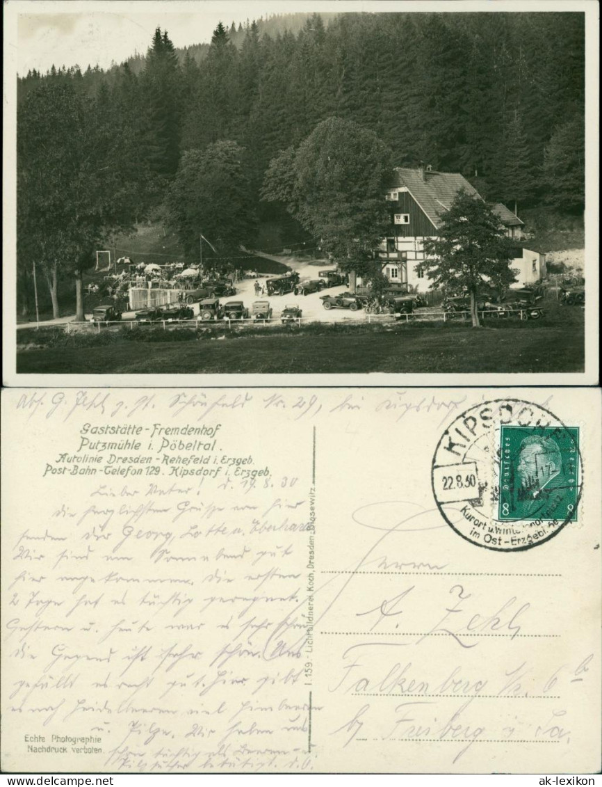 Ansichtskarte Oberpöbel-Dippoldiswalde Gasthaus Putzmühle, Autos 1930 - Dippoldiswalde