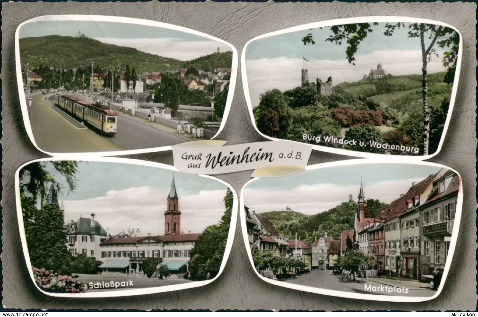 Weinheim (Bergstraße) MB: Schloßpark, Markt, Straße Straßenbahn 1962 - Weinheim