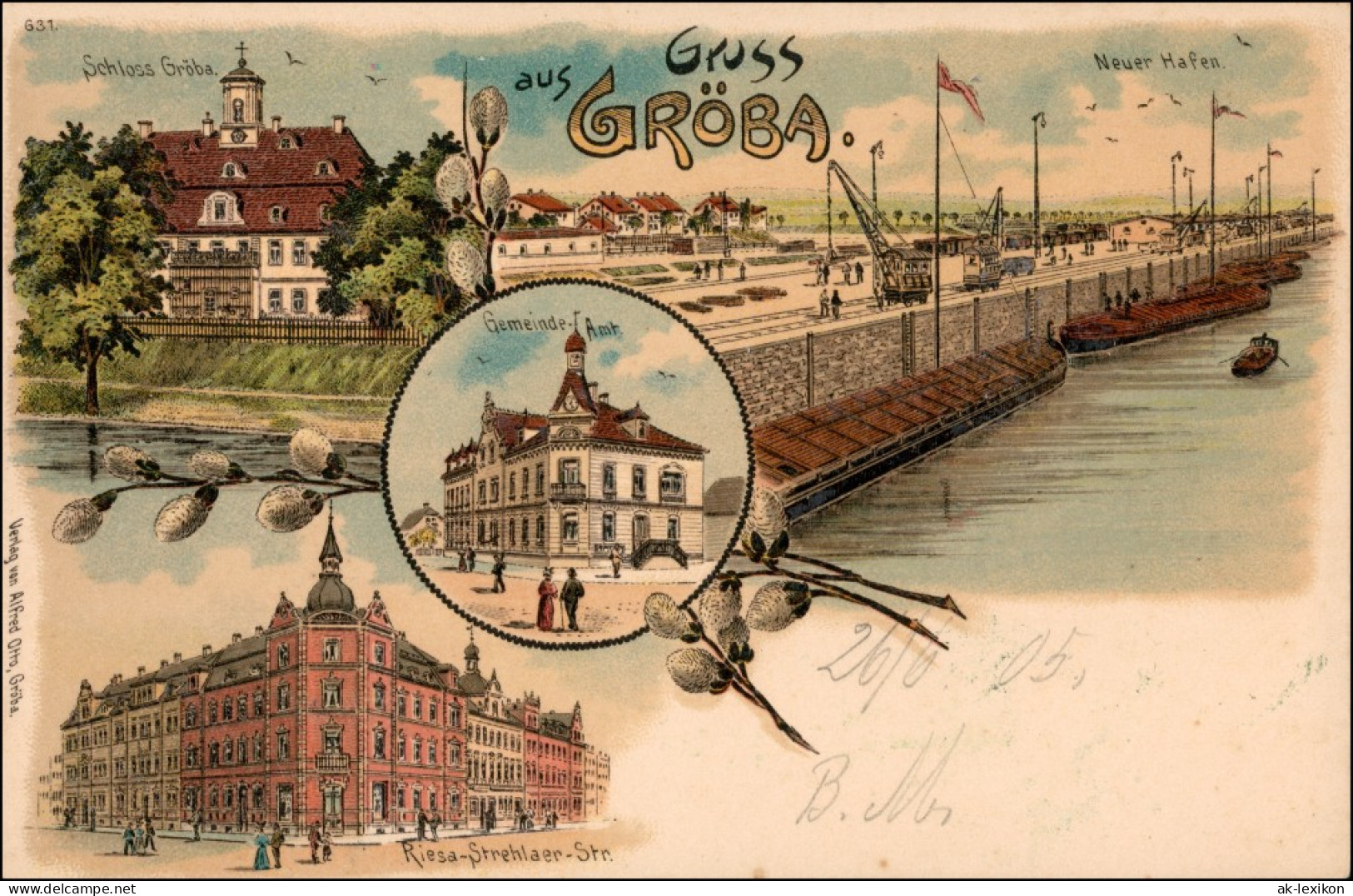 Ansichtskarte Litho AK Gröba-Riesa Schloß, Riesa Strehlaer Str., Hafen 1905 - Riesa