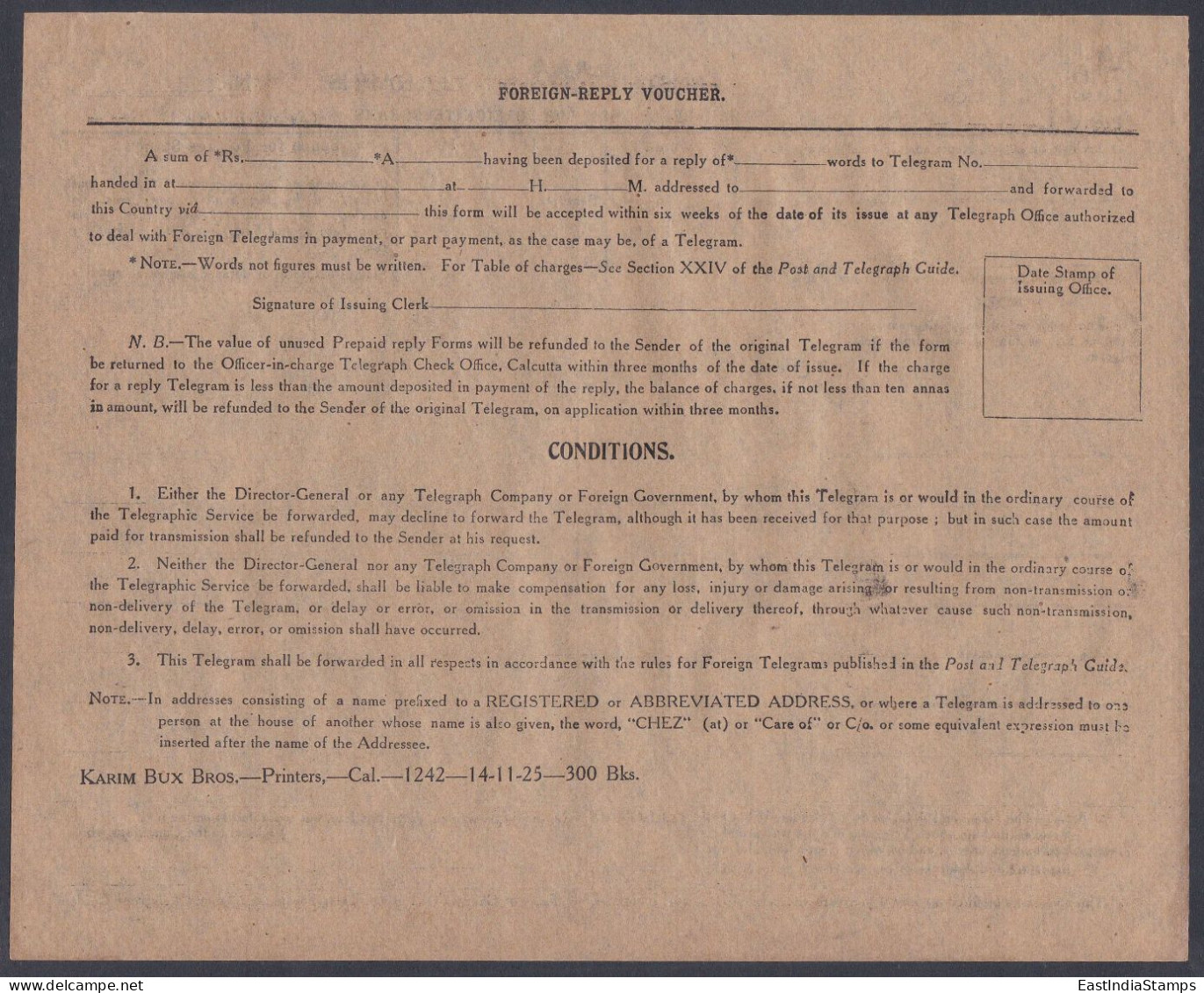 Inde British India Telegram Form, Mint Unused, Telegraph - 1911-35 King George V