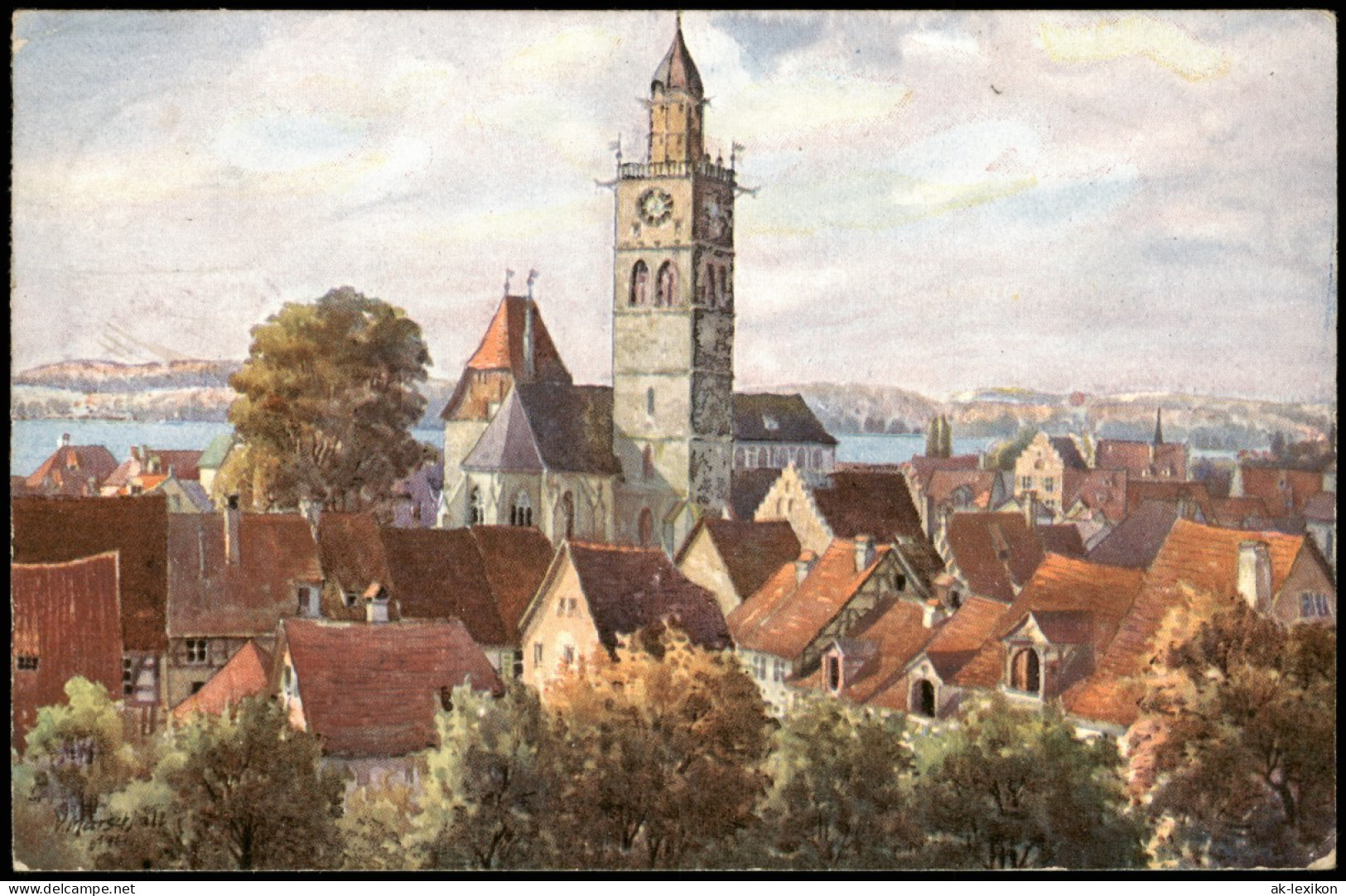 Überlingen Panorama Ansicht; Künstlerkarte Gemalt Von V. Marschall 1927 - Ueberlingen