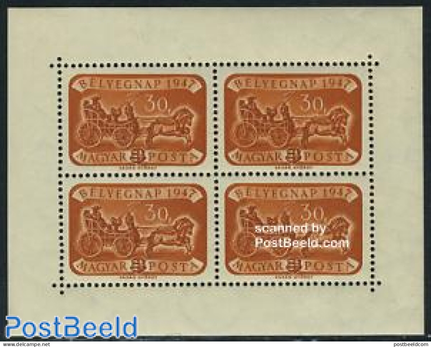 Hungary 1947 Stamp Day M/s (with 4 Stamps), Mint NH, Nature - Transport - Horses - Stamp Day - Coaches - Ungebraucht