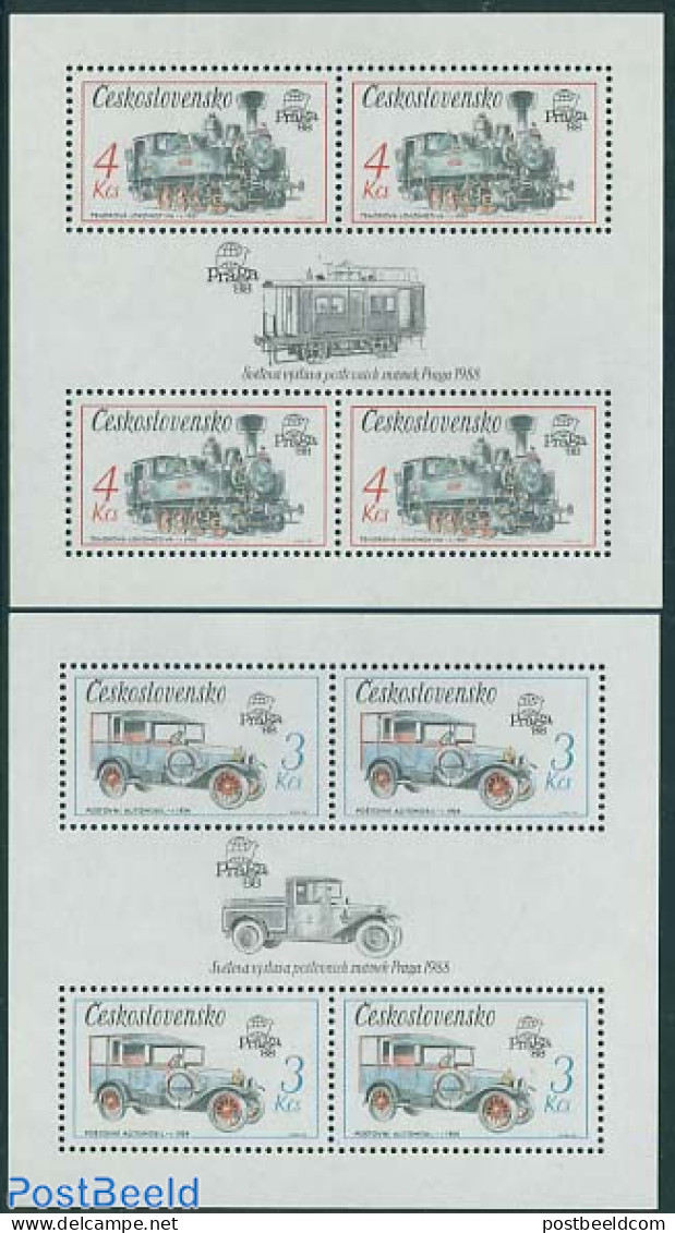 Czechoslovkia 1987 Praga 88 2 S/s, Mint NH, Science - Transport - Telephones - Philately - Automobiles - Railways - Sonstige & Ohne Zuordnung