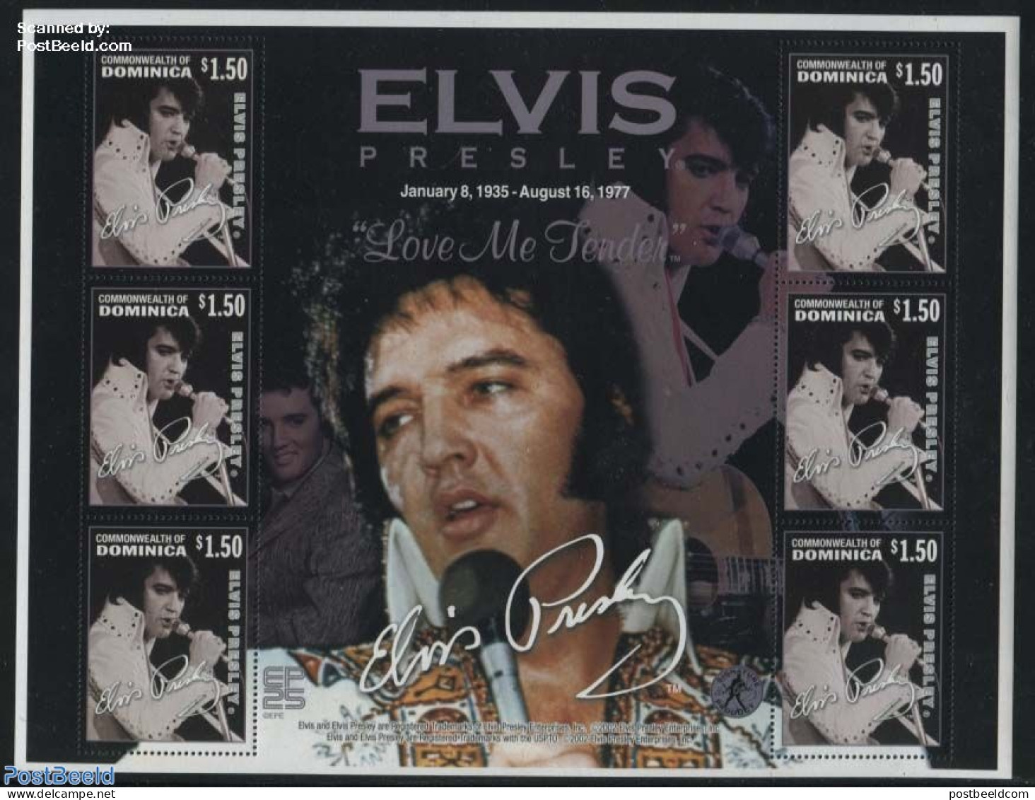 Dominica 2002 Elvis Presley M/s, Mint NH, Performance Art - Elvis Presley - Music - Popular Music - Elvis Presley