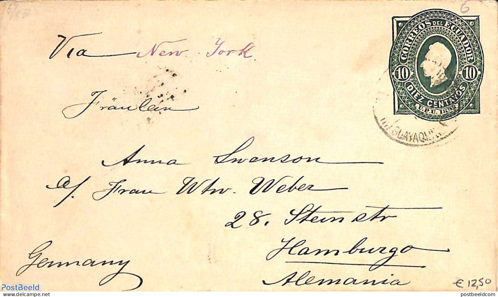 Ecuador 1892 Envelope 10c To Hamburg, Used Postal Stationary - Equateur