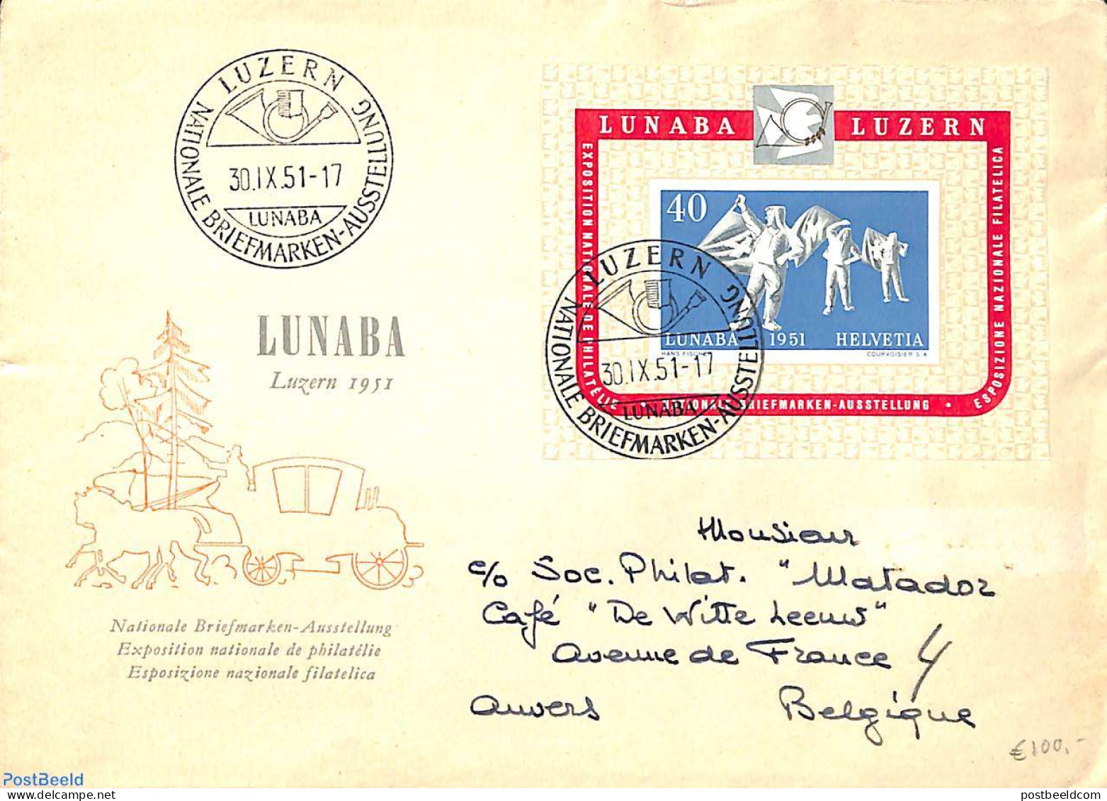 Switzerland 1951 LUNABA S/s On Cover To Belgium , Postal History, Philately - Covers & Documents