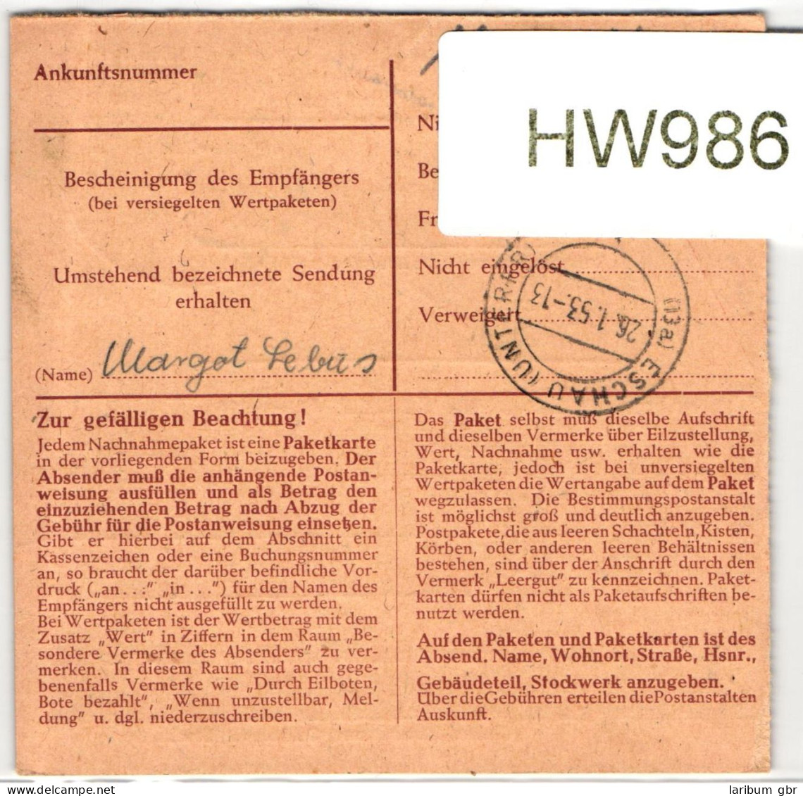 BRD 138 Auf Paketkarte, Portogerecht #HW986 - Sonstige & Ohne Zuordnung