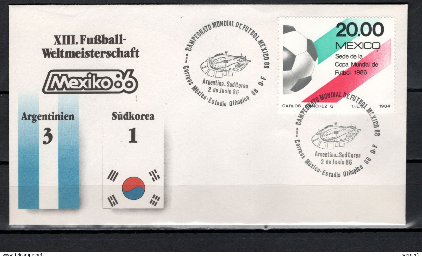 Mexico 1986 Football Soccer World Cup Commemorative Cover Match Argentina - South Korea 3 : 1 - 1986 – México